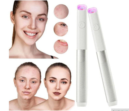 Silver grey acne treatment device with red and blue light therapy, battery-powered design