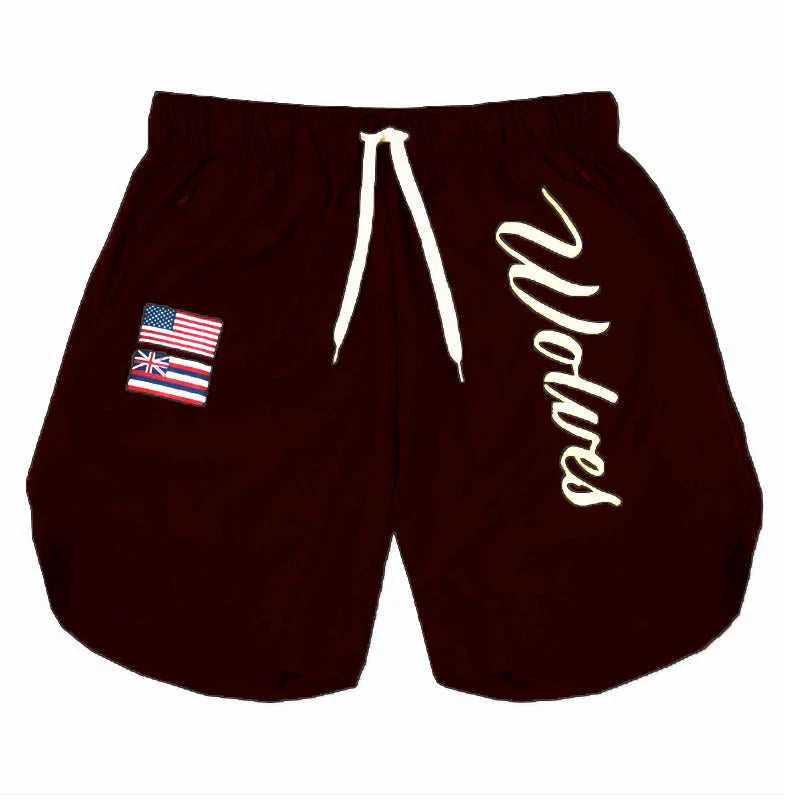 Men's casual running shorts in black, navy blue, wine red, and army green, featuring breathable wicking fabric.