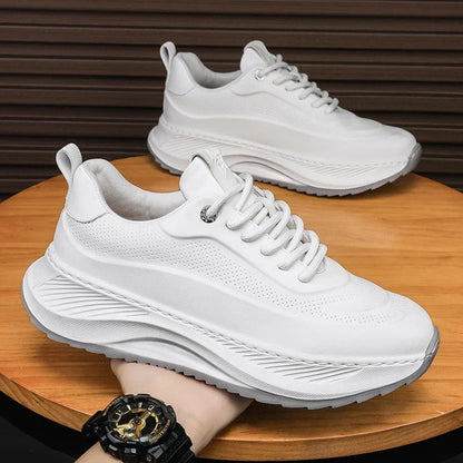 Stylish elevated sports sneakers for men with microfiber upper, PVC sole, and lace-up closure in black, beige, and beige black colors