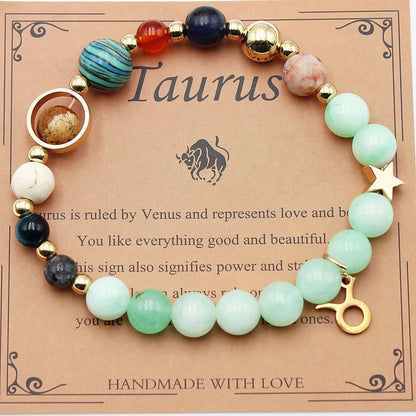 Morgan Stone beaded bracelet with twelve constellation designs, showcasing personalised zodiac signs.