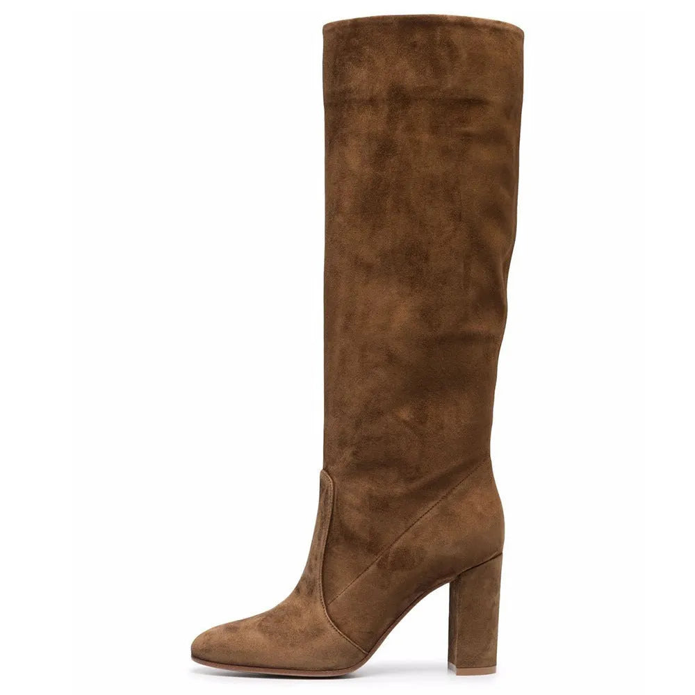 Suede pleated thick heel pointed toe over-the-knee boots in black – high cylinder with oversleeve fit