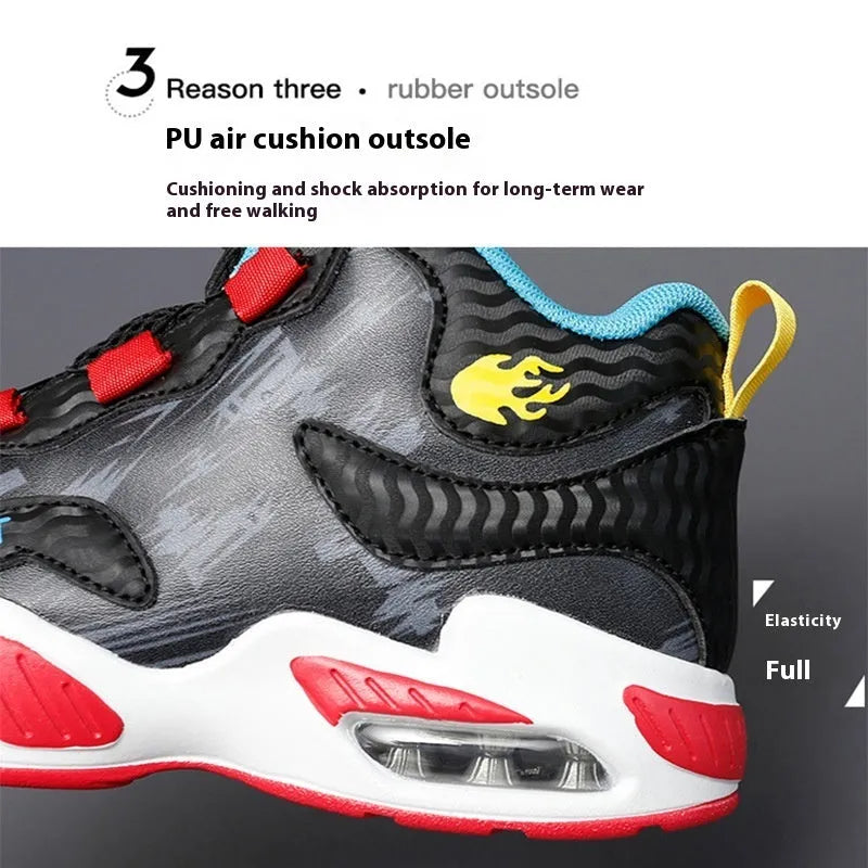 Boys rotating button basketball running shoes in black, available in youth and children's sizes.