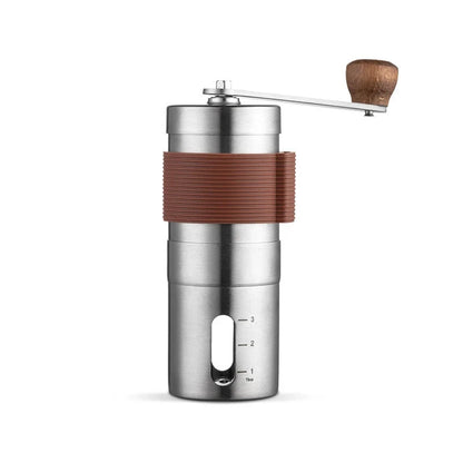 Portable hand coffee grinder with stainless steel body and non-slip silicone case