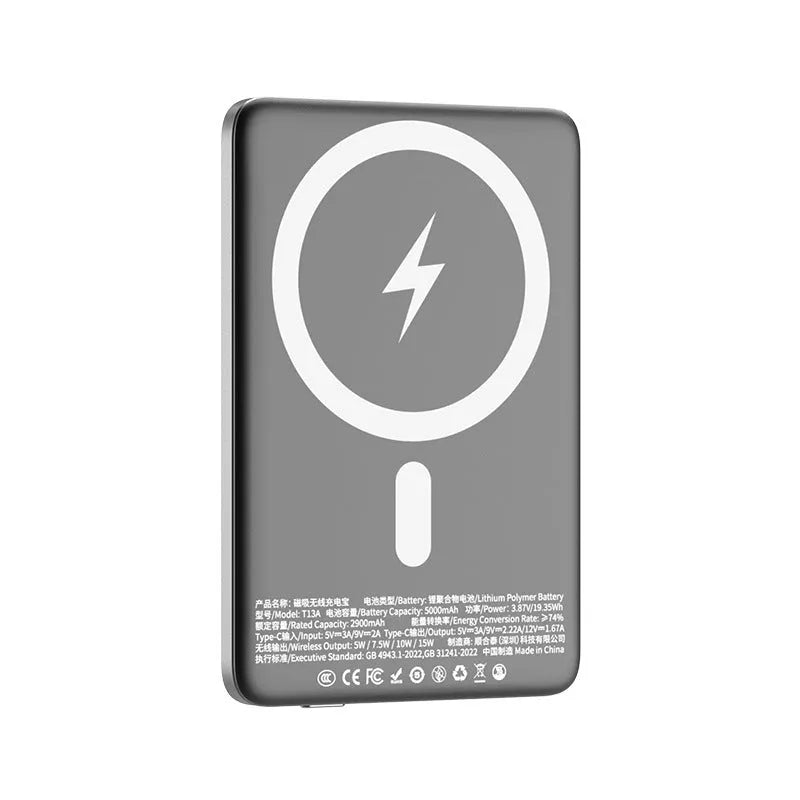 Gun grey magnetic wireless power bank showing ultra-thin 9mm profile with PD20W and wireless charging capabilities