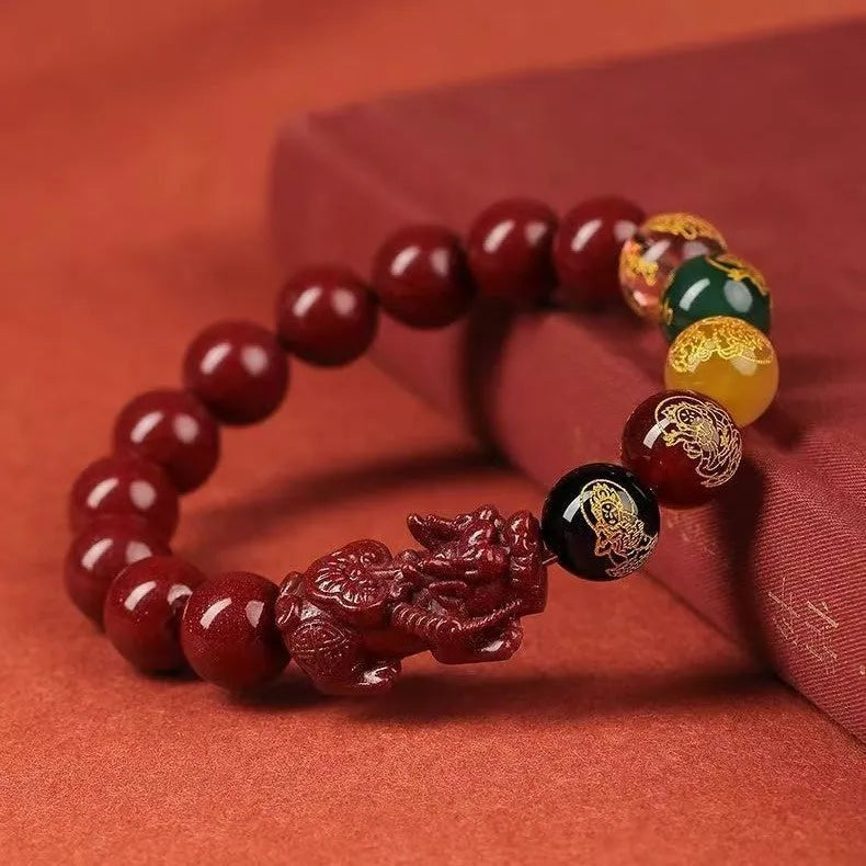 Five Gods Of Wealth cinnabar bracelet with animal beads in 8mm 10mm 12mm 14mm sizes