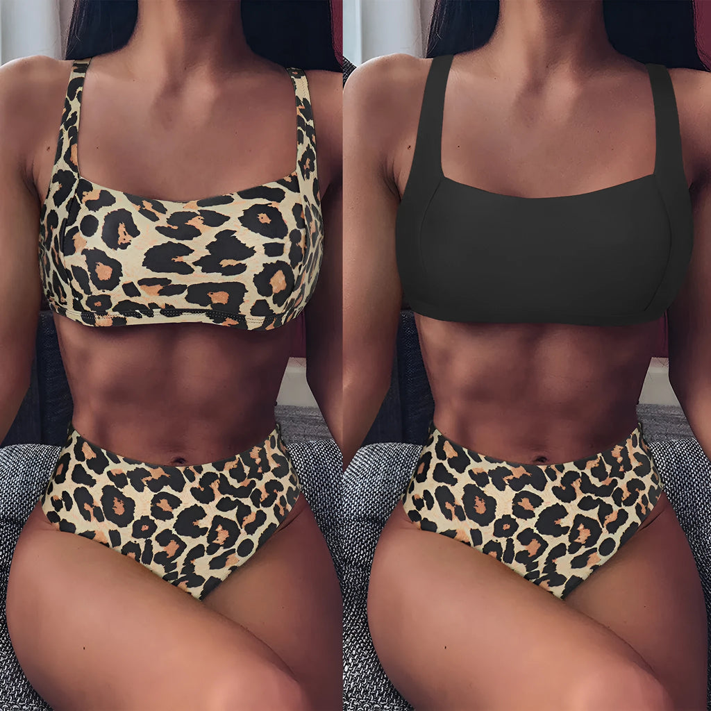 Women's leopard print high waist bikini swimsuit with push-up bra in polyester fabric