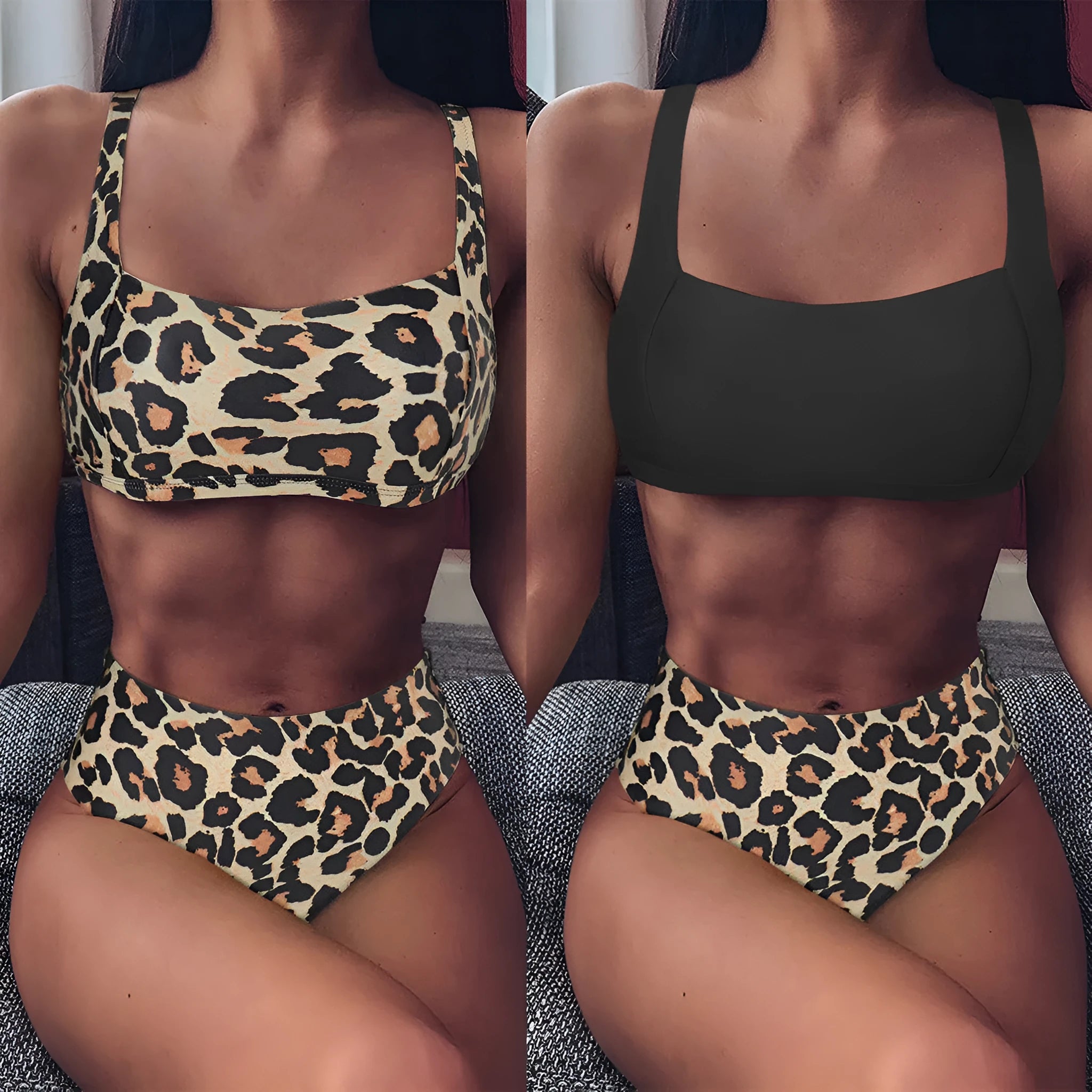 Women's leopard print high waist bikini swimsuit with push-up bra in polyester fabric