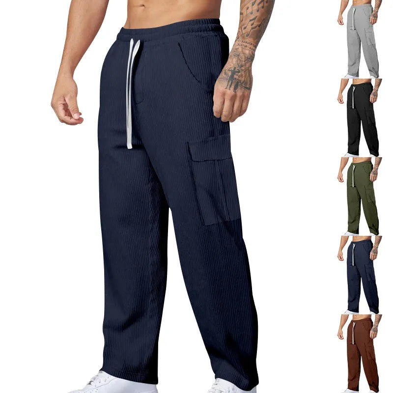 Men's straight-leg corduroy cargo trousers with elastic drawstring waist in multiple colour options