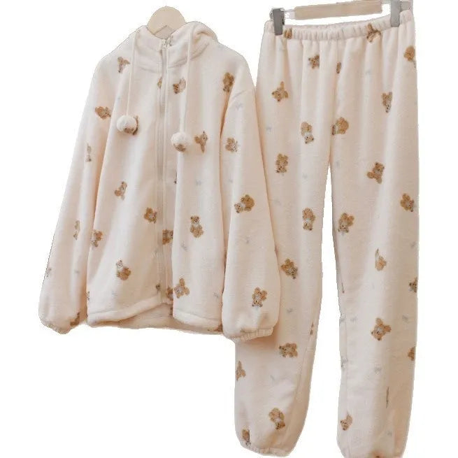Lace jacquard sweet coral fleece hooded pyjama set for women in winter – long sleeves and trousers