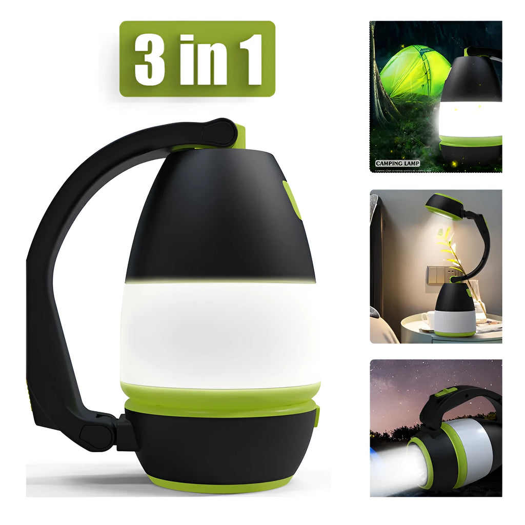 Black green multifunctional LED table lamp showing adjustable head and USB charging port.