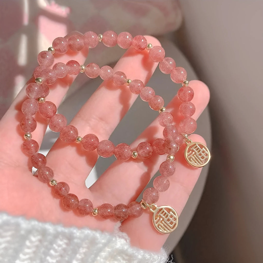 Glass bracelet with strawberry quartz detailing in New Chinese style with manual processing