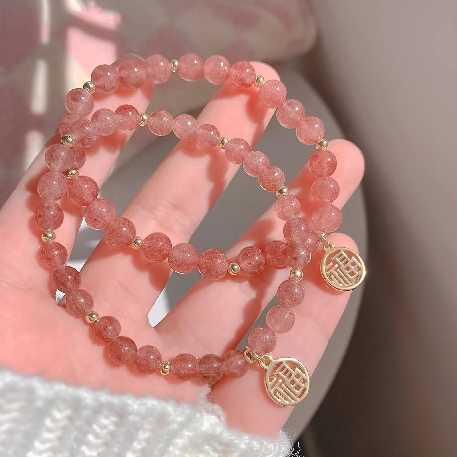 Glass bracelet with strawberry quartz detailing in New Chinese style with manual processing