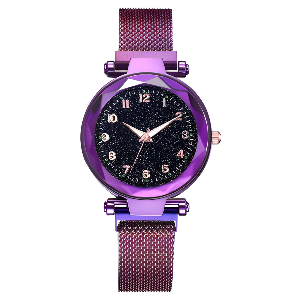 Starry sky digital luminous quartz watch with round 20.5mm dial and alloy strap on display