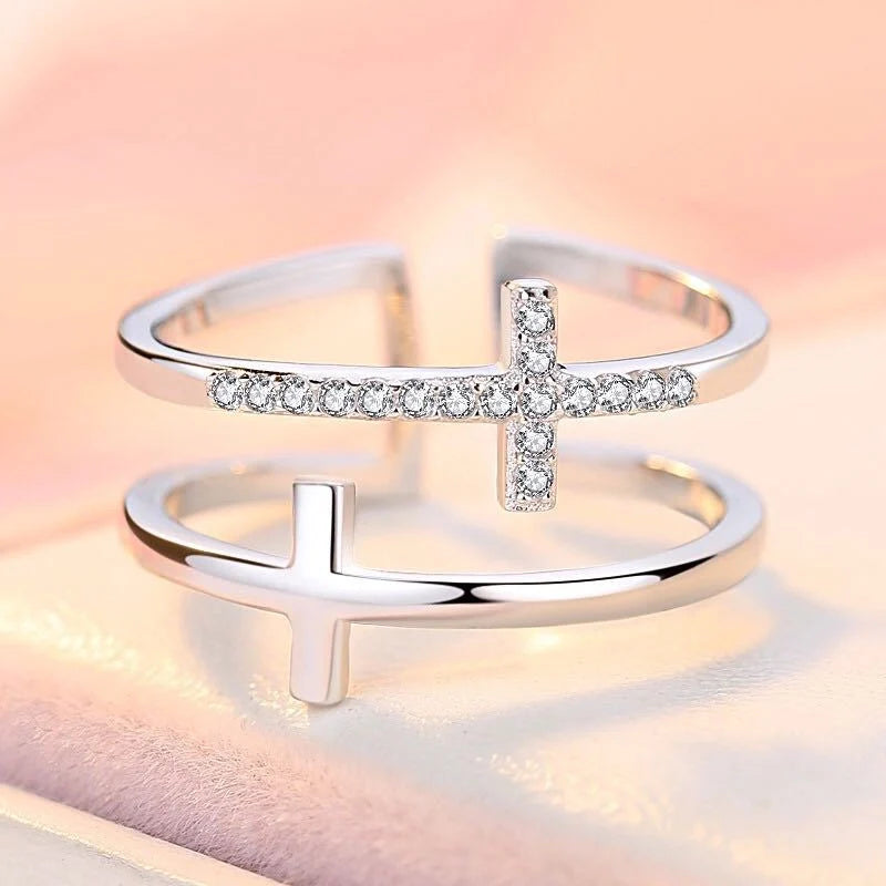 Double Cross Miniature Copper Inlaid Zircon Ring with adjustable opening and white gold finish