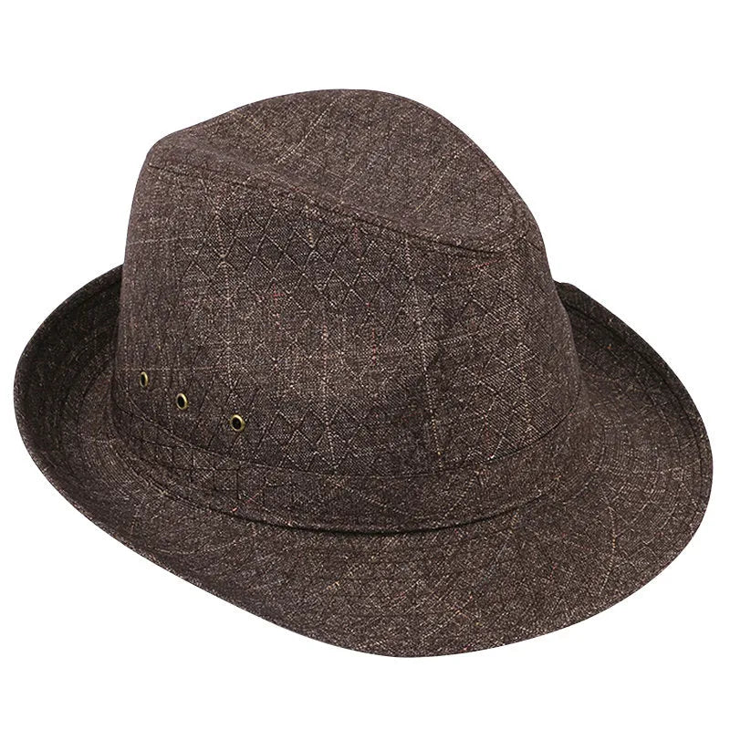 A thickened suit material fedora hat for men on a stand, shown in a dark colour.