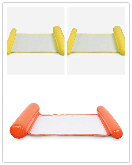 Inflatable water lounge chair in blue, floating in pool with hammock design visible