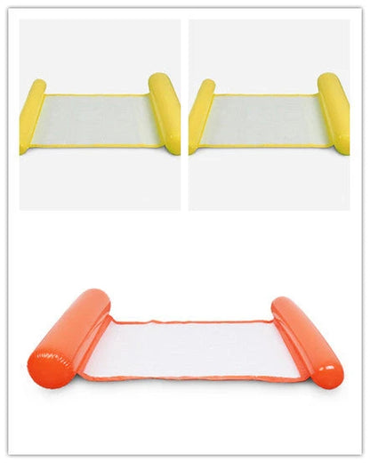 Inflatable water lounge chair in blue, floating in pool with hammock design visible