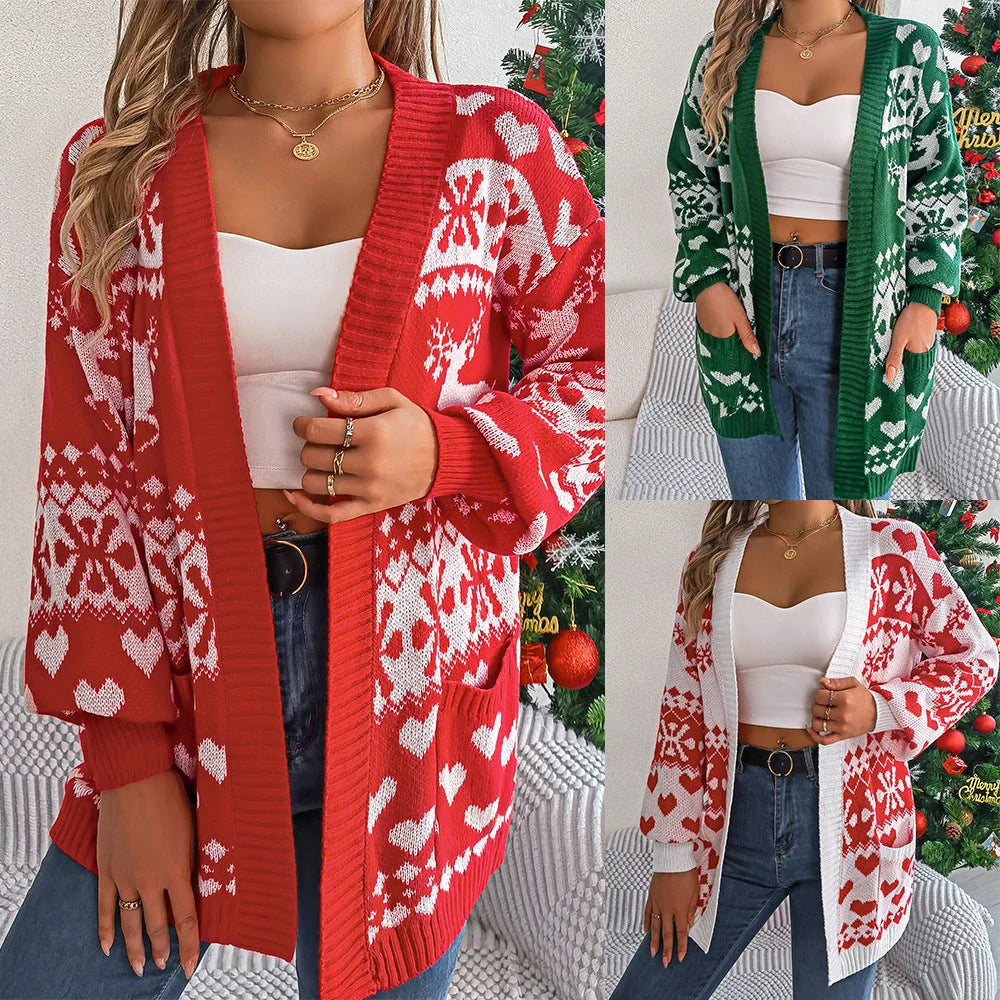 Cozy Christmas Sweater: Women's Oversized Deer Cardigan in Red, Green, and White colors