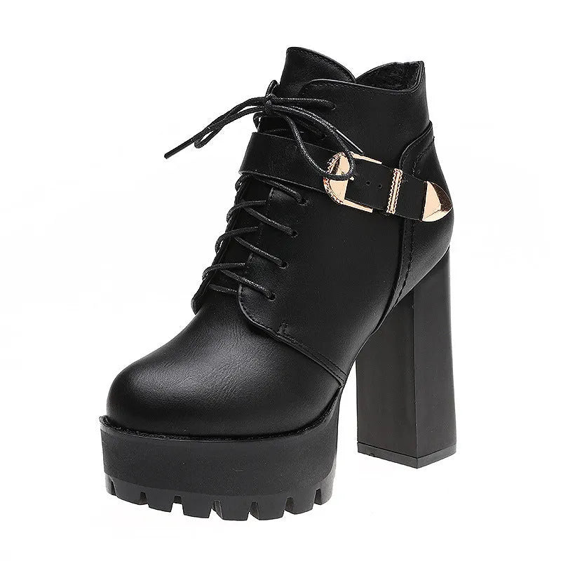 New British Style chunky heel waterproof platform high heels in black, tip toe, back zipper