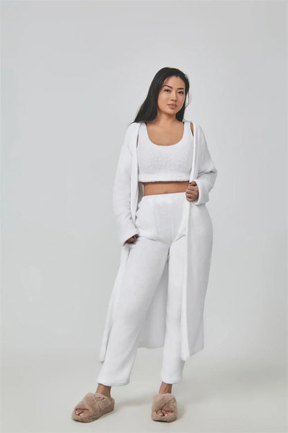 Cozy 3-Piece Loungewear Set - Soft and fluffy women's winter pajama set with crop top, wide-leg pants, and matching pullover