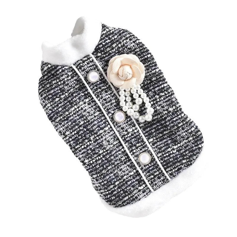 Black PU cat sausage jacket costume for dogs on hanger showing size range