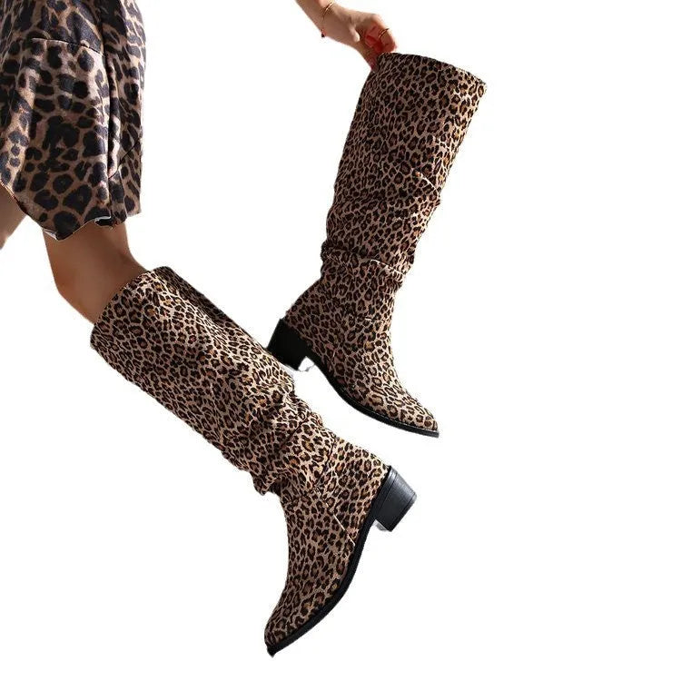 Brown leopard print women's boots with a square toe and chunky mid heel.