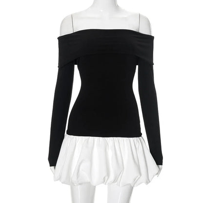 Women's off-shoulder long sleeve stitching dress in contrast colours
