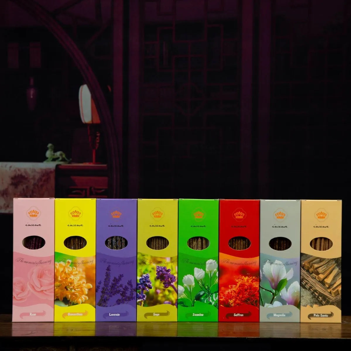 Argentine handmade incense set with ten sticks and a storage box, shown with fragrance options label.