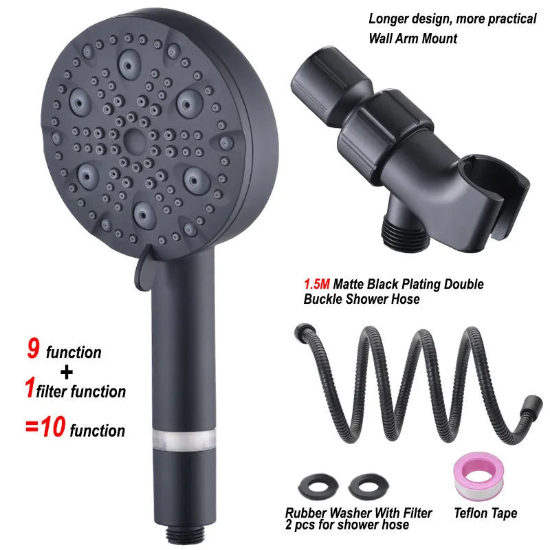 Portable Multifunctional Hand-held Shower Head Set With Filter Carbon Point PP Cotton Dark Matte ABS Construction Spray Massage Beauty Bubble Rainproof Functions