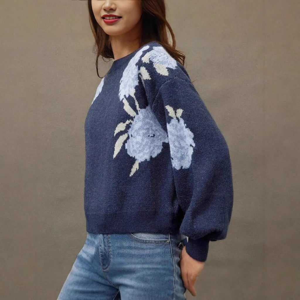 Sapphire blue women's jacquard pullover with flower pattern, off-neck design and loose fit