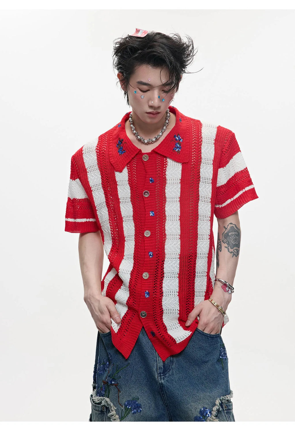 Men's retro patchwork striped knitted shirt in loose fit with short sleeves