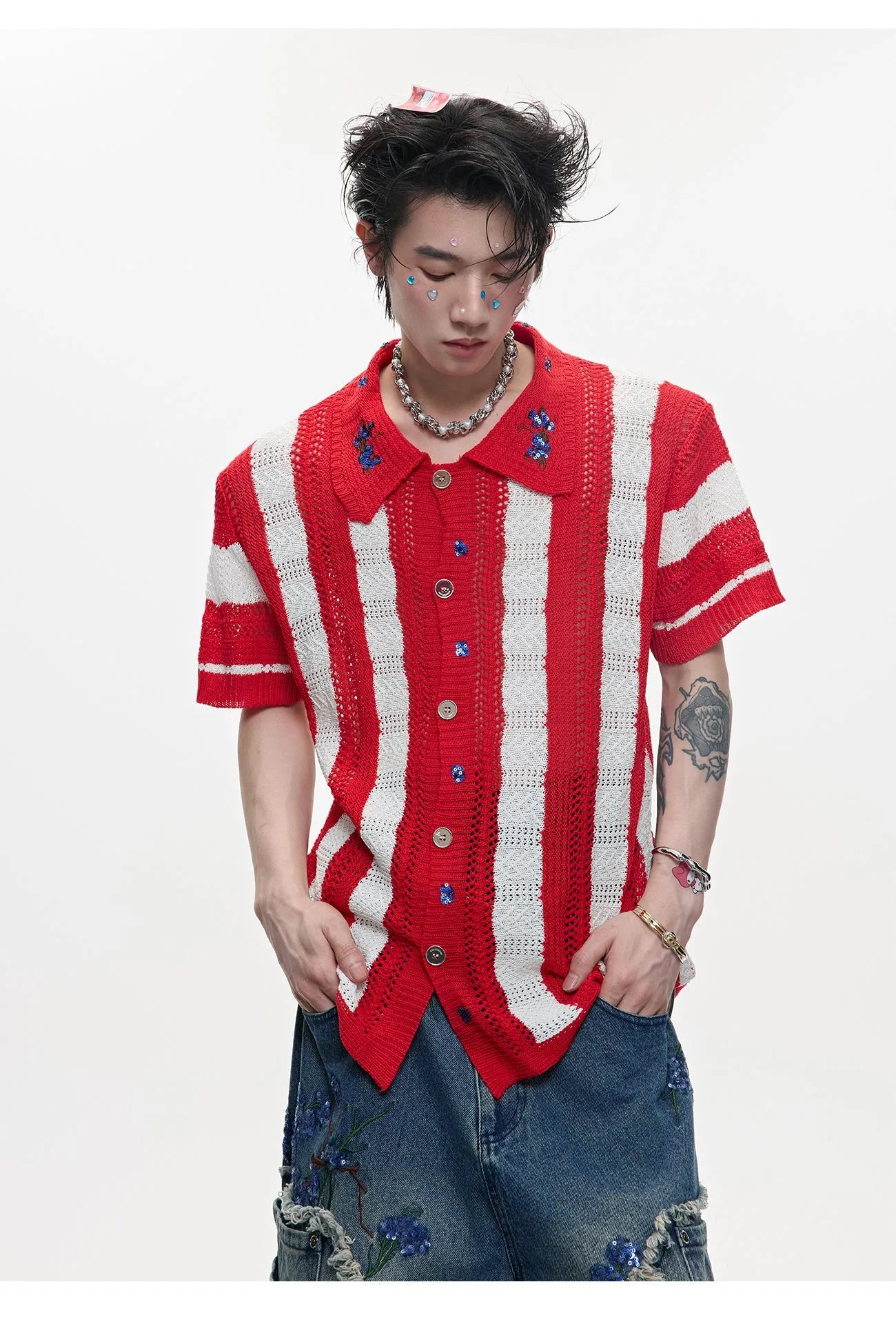 Men's retro patchwork striped knitted shirt in loose fit with short sleeves