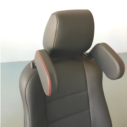 Adjustable car headrest pillow with 36cm bracket and 14cm rotating PU leather cushion