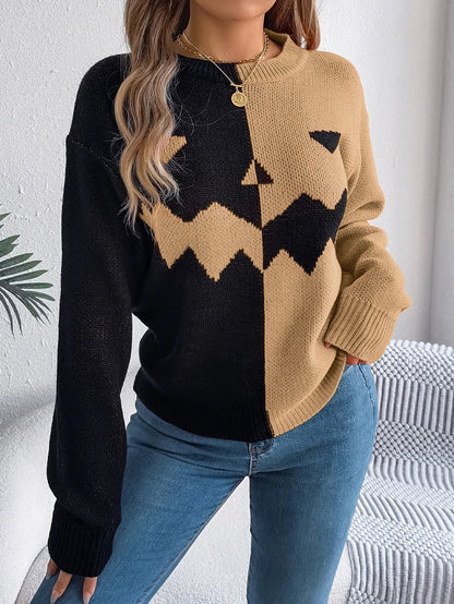 Spooky Chic Halloween Pullover Sweater in Orange, Khaki, and Grey colors with ghost print design