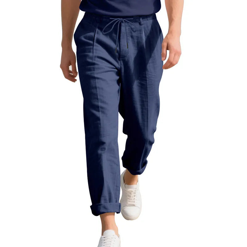 Men's linen casual trousers in straight-leg style with drawstring waist in multiple colour options