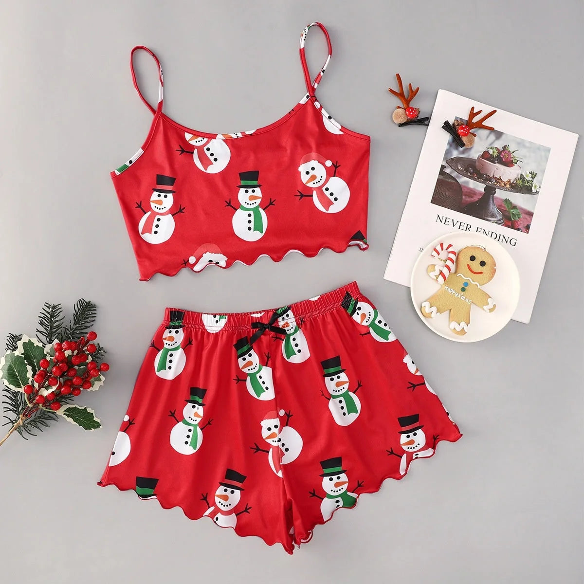 Women's Christmas-themed milk silk pajamas set with sleeveless top and shorts