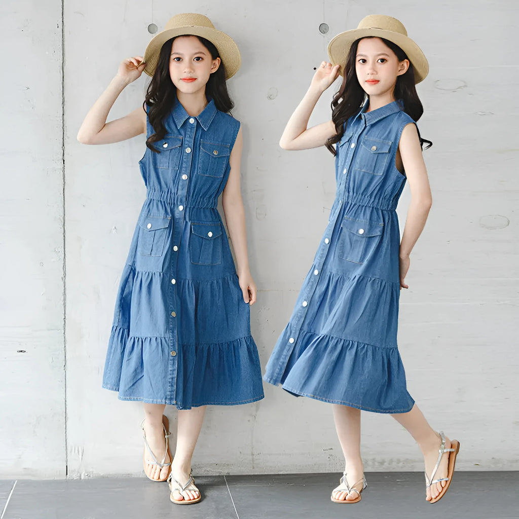 Blue denim blouse collar vest dress for girls on a white background