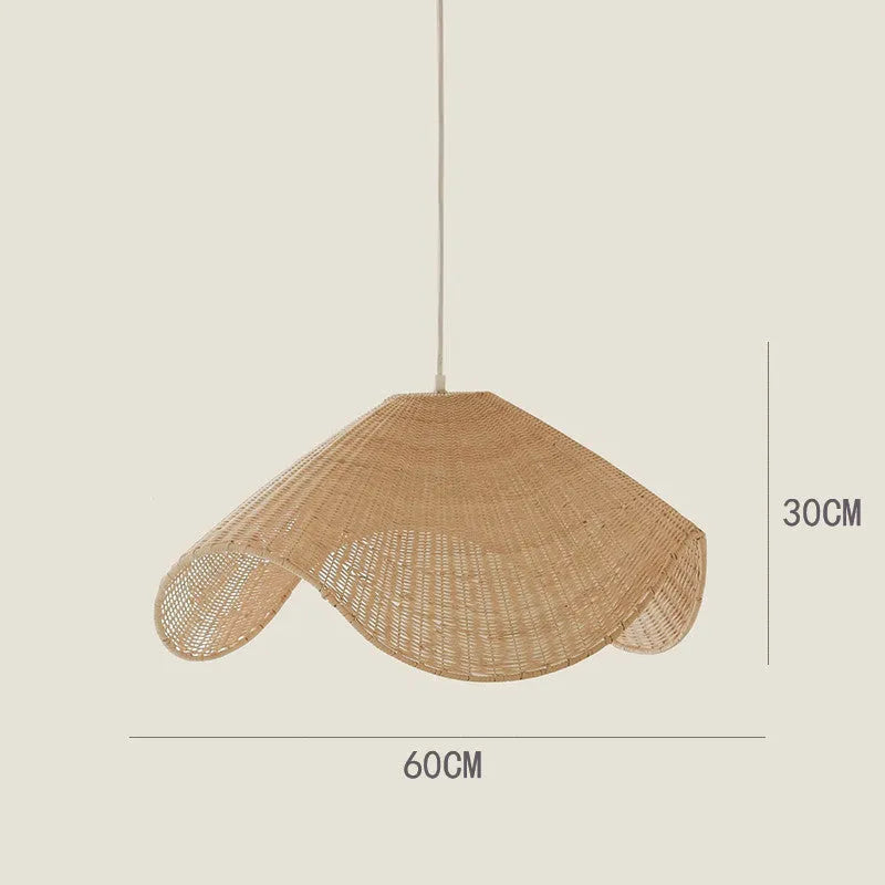 Handmade bamboo and straw rattan chandelier with warm LED light in natural woven design