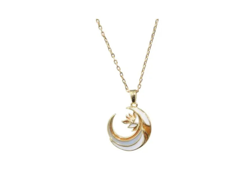 Handmade gold enamel crescent moon pendant necklace on clavicle chain