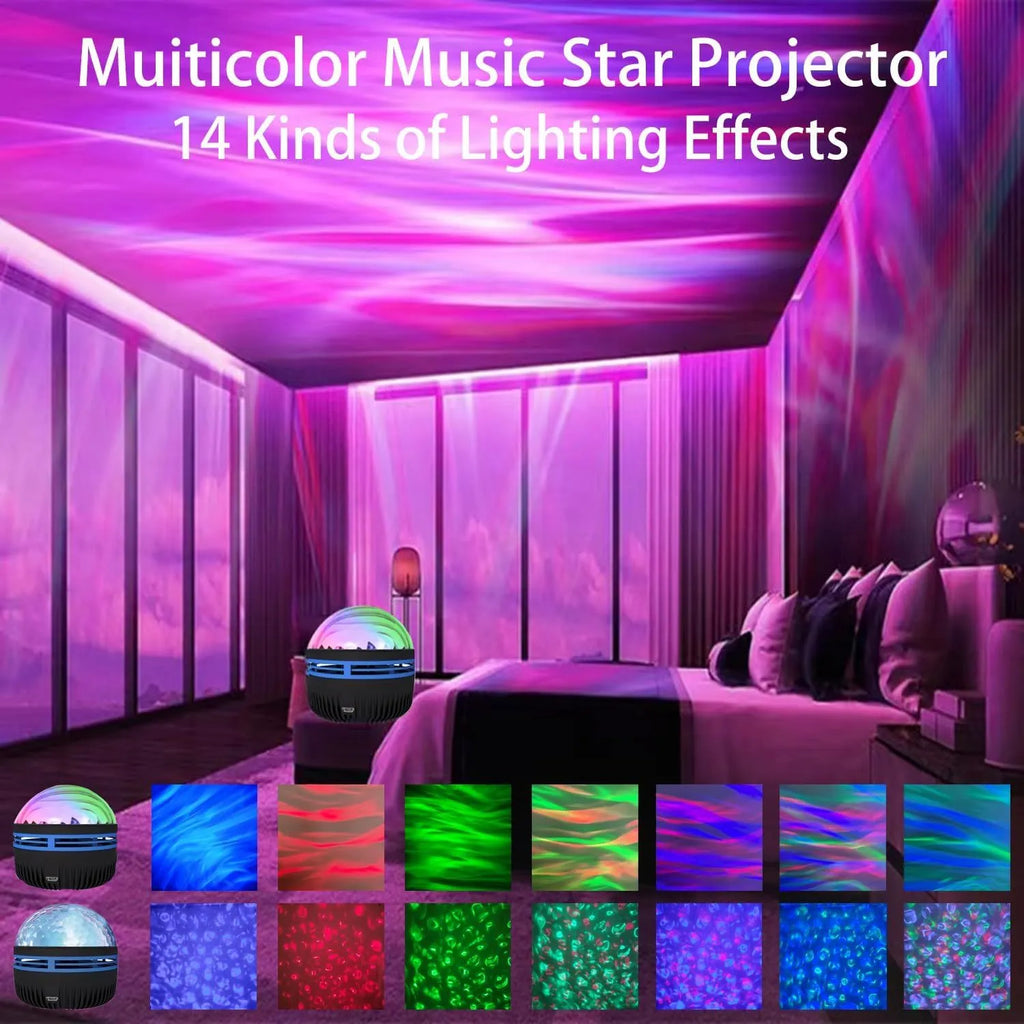 Compact USB-powered LED galaxy projector lamp with remote control on a table