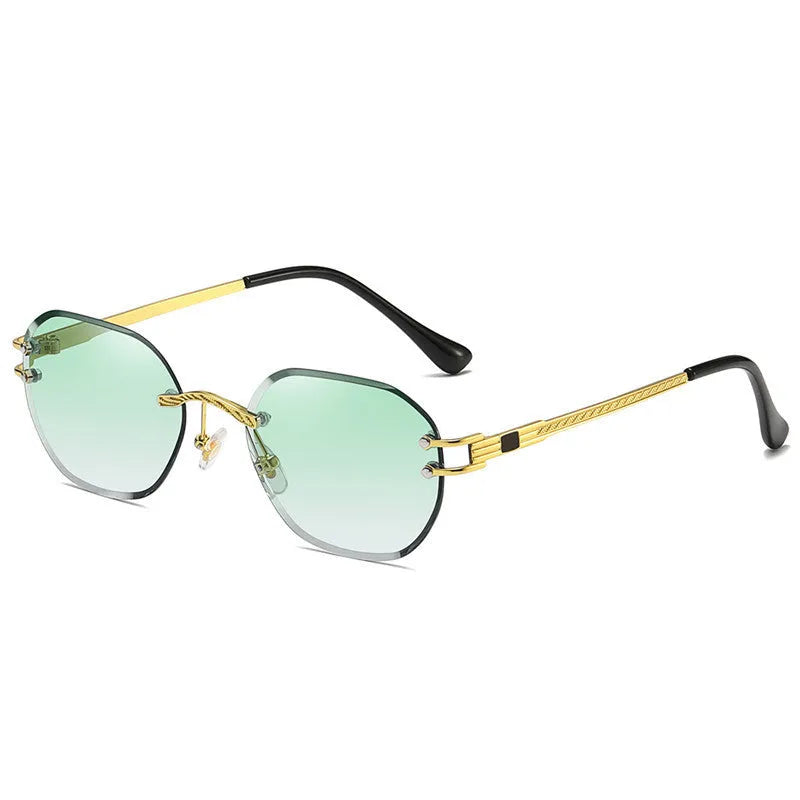 Gold metal frame trimming sunglasses with gradient blue lenses on white background