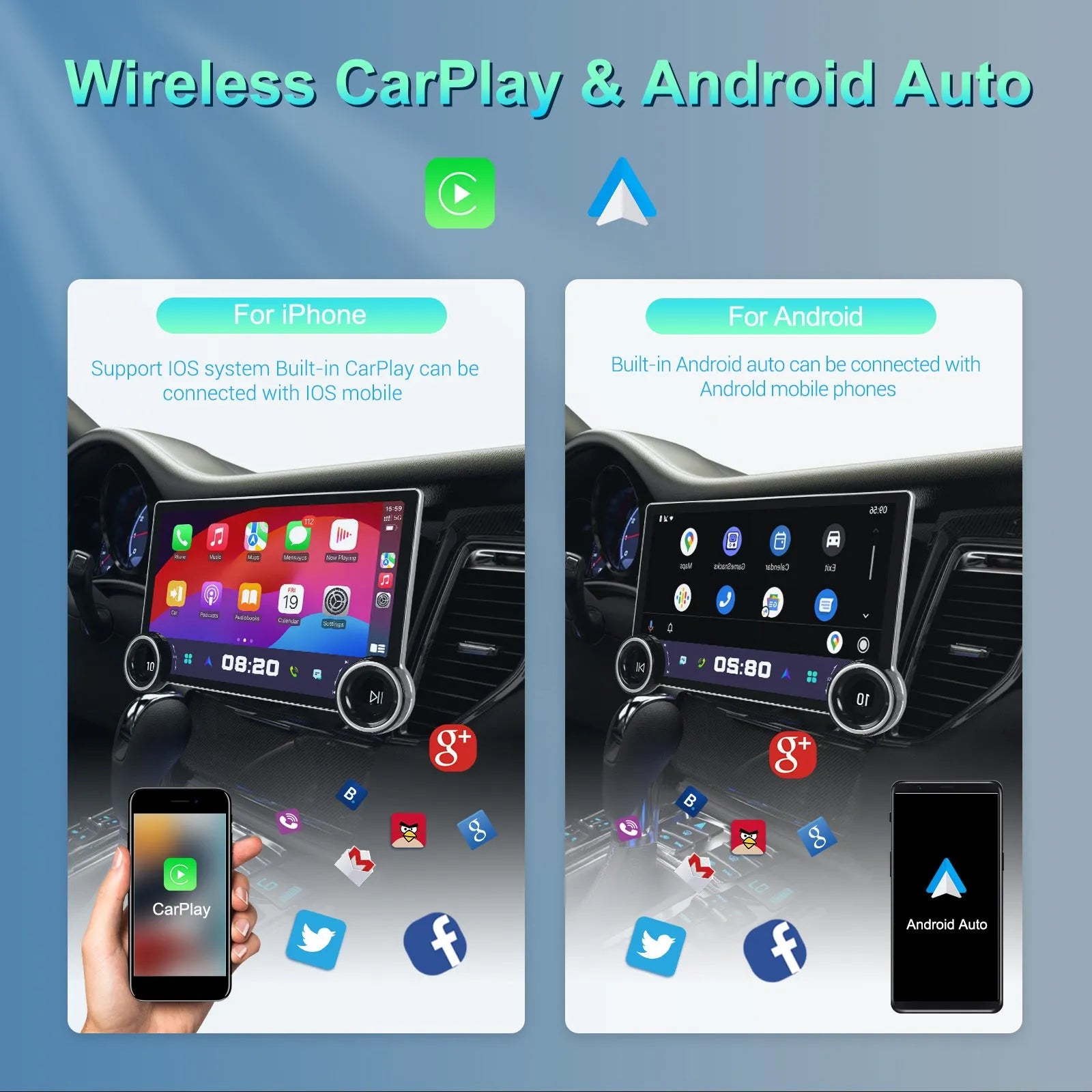 11.8-inch QLED Android car stereo dashboard unit with dual control knobs on screen.