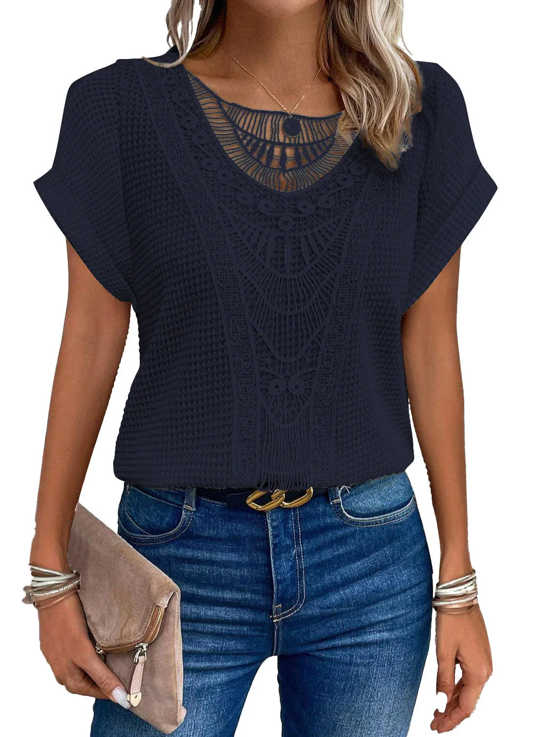 A stylish, cutout short-sleeve tee in various vibrant colors for women's casual summer fashion