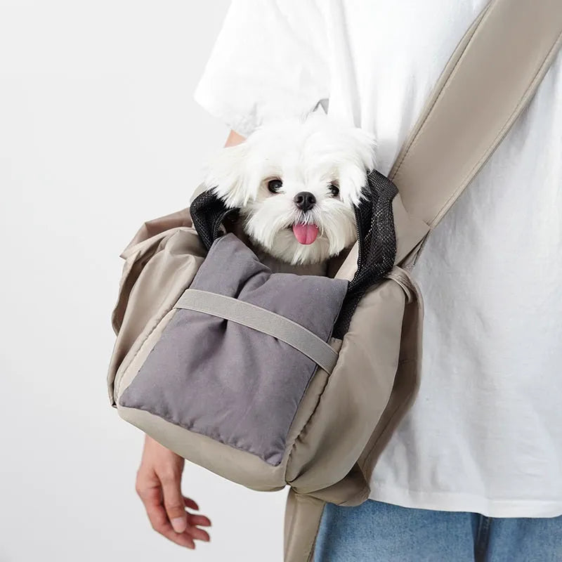 Apricot-coloured cloth pet carrier handbag showing medium dimensions of 41cm width