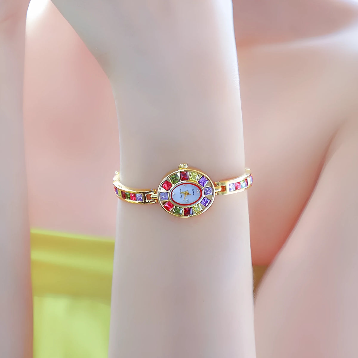 Women's small dial quartz watch with Austrian rhinestones in gold alloy finish
