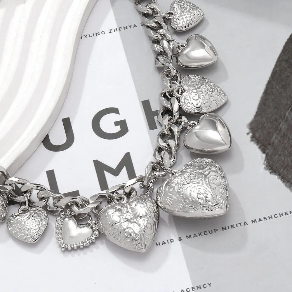 Carved heart pendant necklace with adjustable chain in exaggerated luxury style