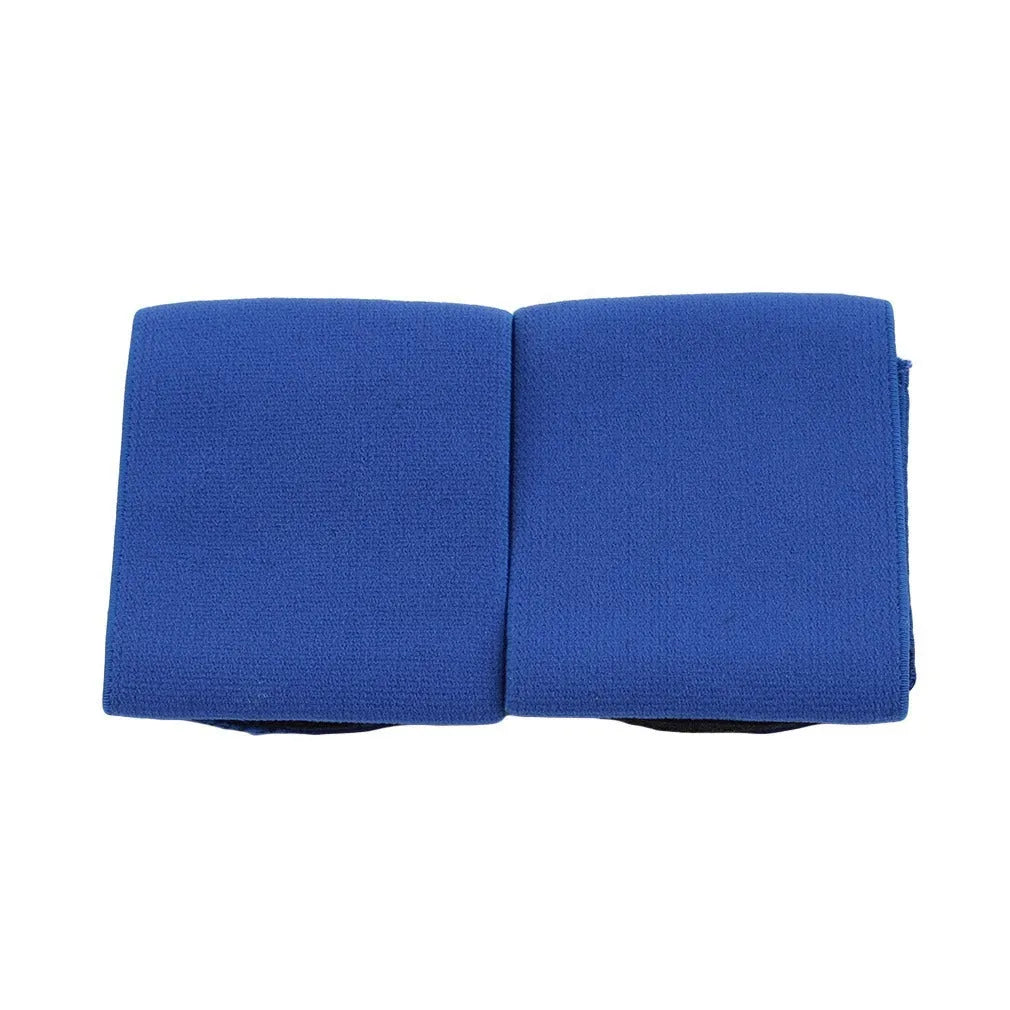 Red rubber elastic strap for securing football shin guards, shown flat to display its 250mm length.