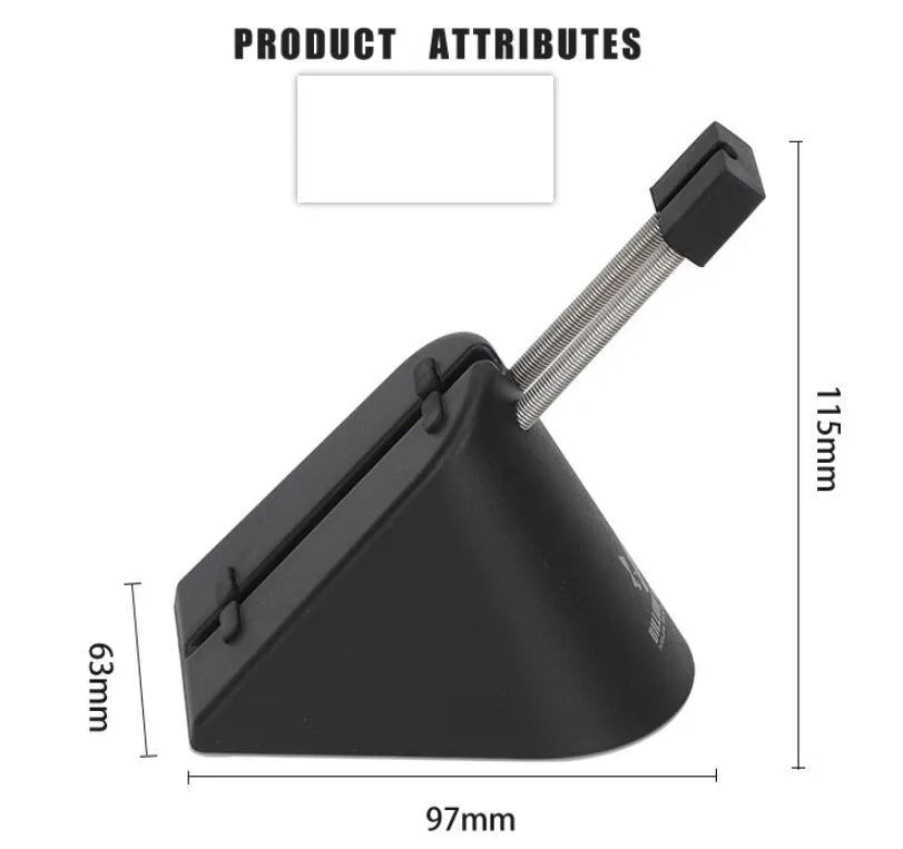 Black and white ABS plastic mouse cable holder bracket for wired gaming mice on a desk.