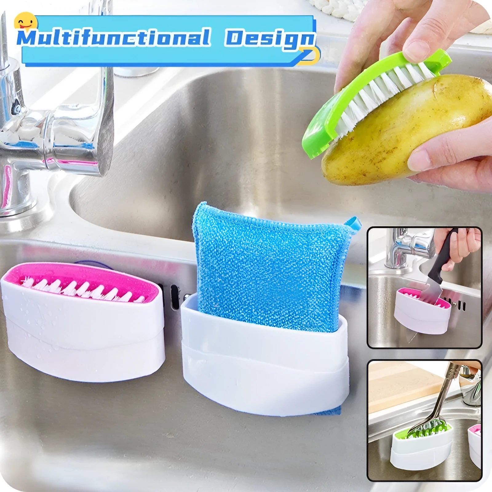 Blue kitchen cleaning brush with suction cup base for washing fruit, vegetables and cutlery.