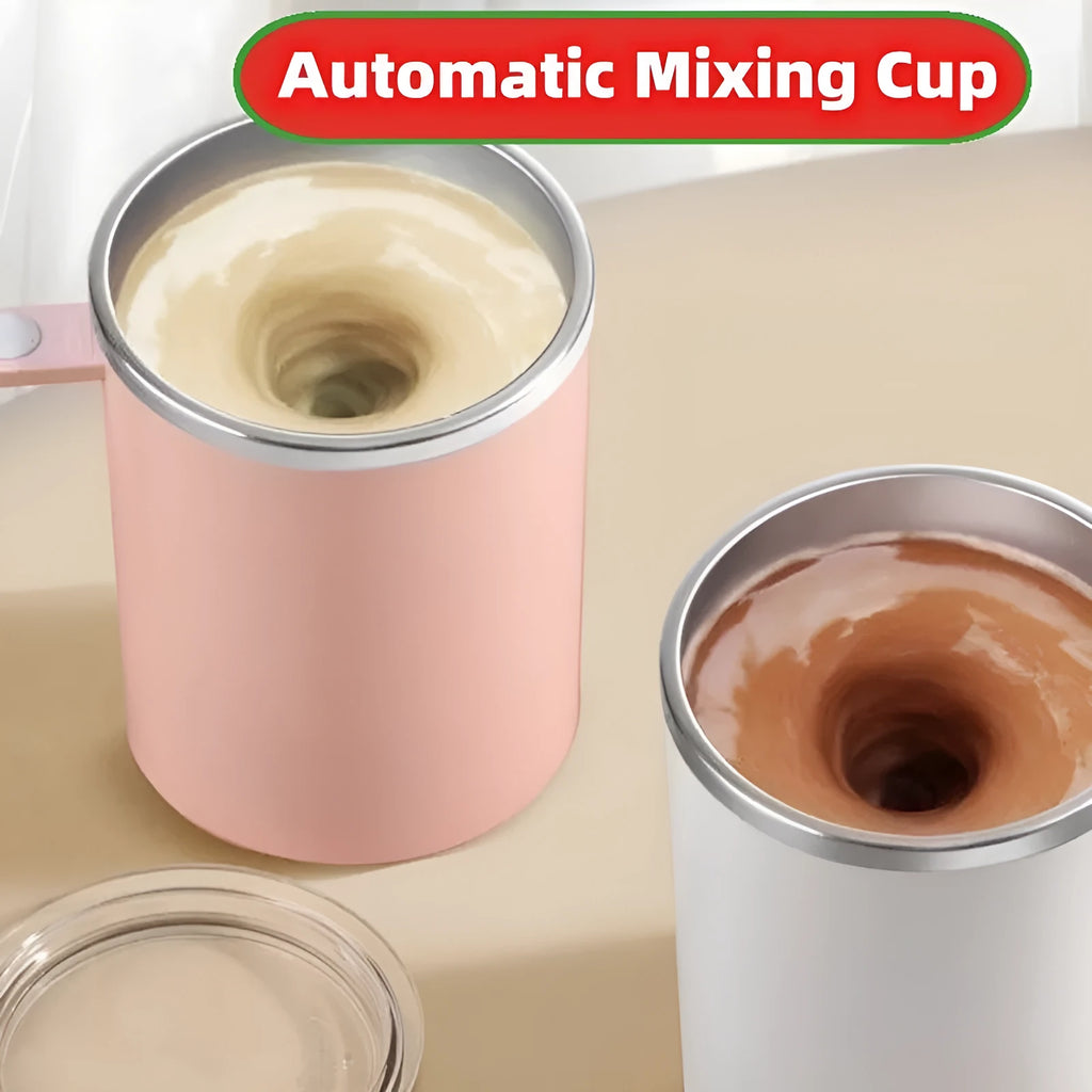 White automatic stirring coffee cup with magnetic base and stainless steel interior